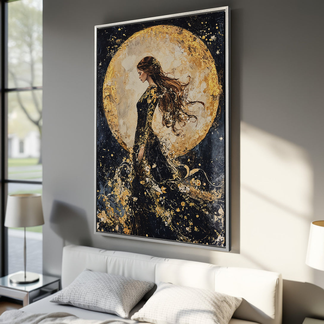 Framed Wall Art: Elegant woman in black dress against a golden moon. Modern art with a dark, gold, and neutral color palette. Perfect for bedroom decor.