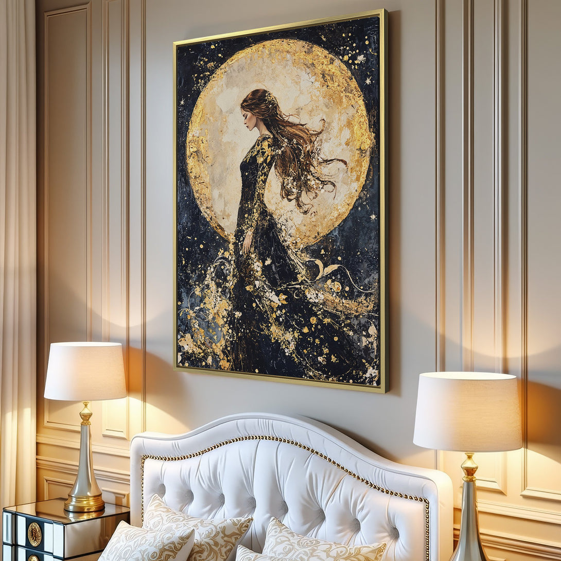 Canvas Print of a woman against a gold moon, artistic style. Features a dark, gold, and neutral color palette, perfect for modern decor.