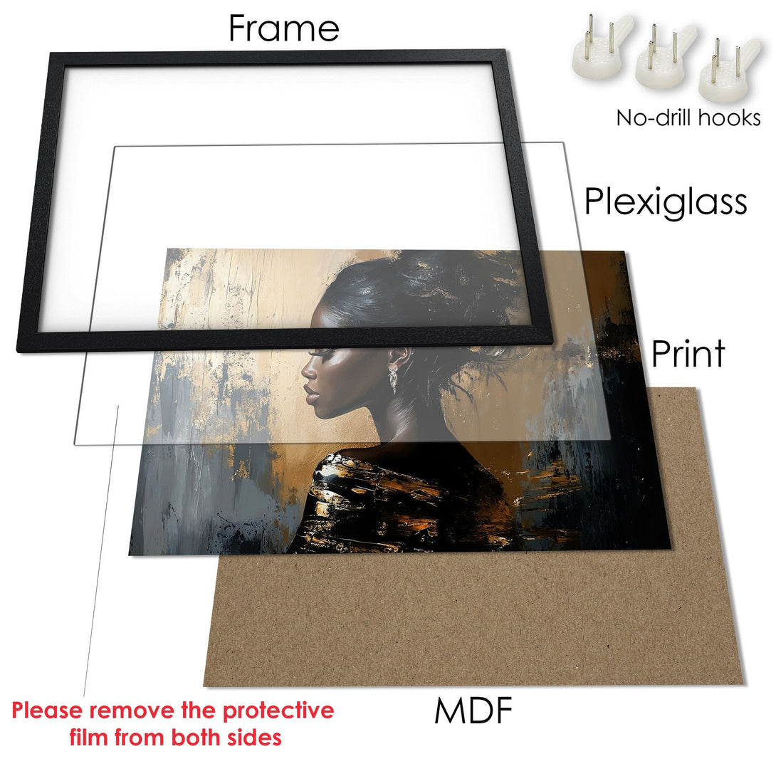 Framed Poster featuring a woman in an abstract style with a gold, black, and beige color palette. Elevate your space with art!