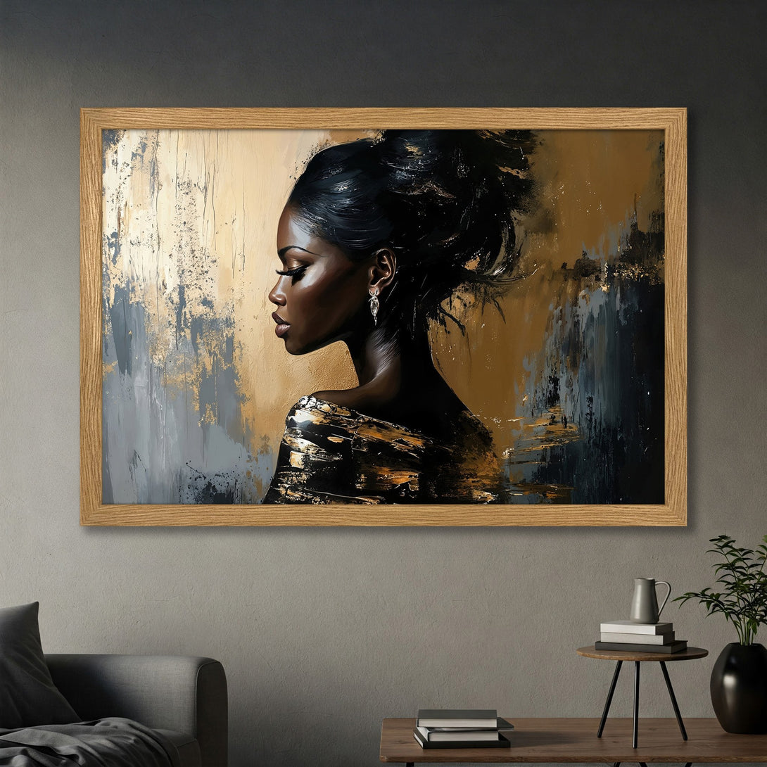 Framed Poster: Elegant woman portrait in gold, black & grey abstract style. Perfect art for your home decor.