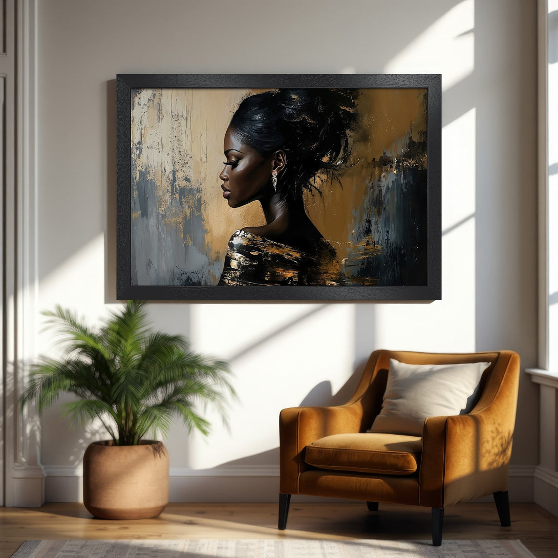 Framed Poster featuring a beautiful Black woman in an abstract style with gold and gray tones. Perfect wall art decor!