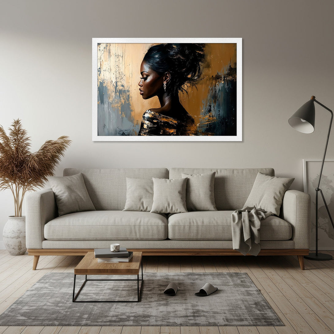 Framed Poster featuring a beautiful woman in an abstract style with a gold, gray, and black color palette. Perfect wall art!