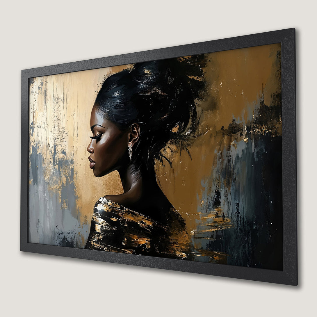 Framed Poster of a woman in profile, abstract art style, gold, black, and gray color palette.