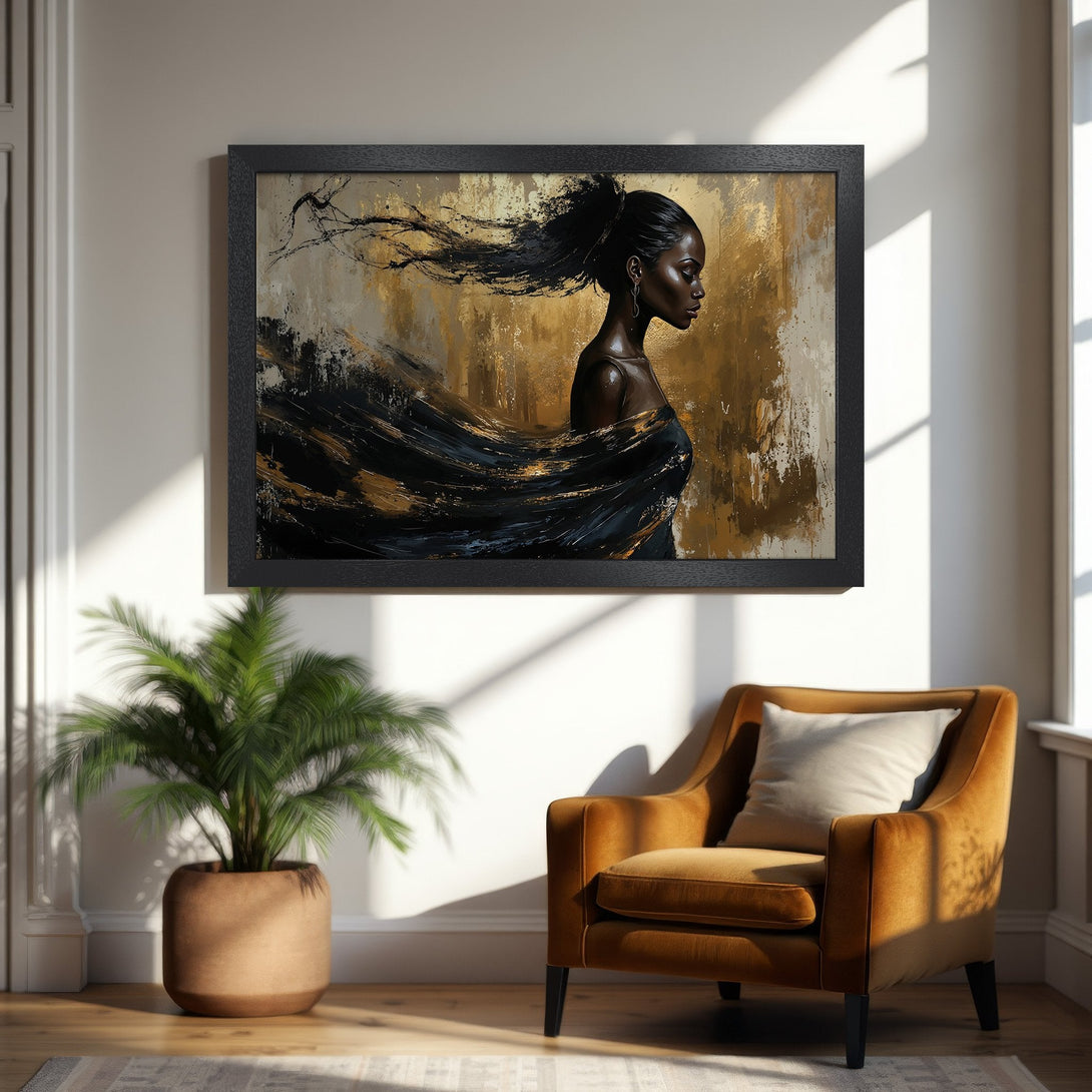 Framed Poster featuring an elegant woman in black dress, abstract style, gold and black color palette. Perfect wall art!