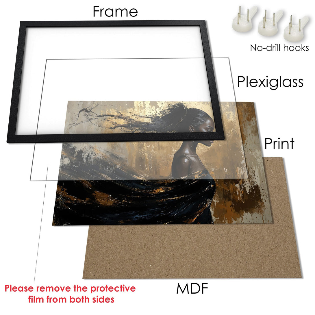 Framed Poster featuring a woman in a flowing dress, abstract style, gold and black color palette. Perfect wall art!