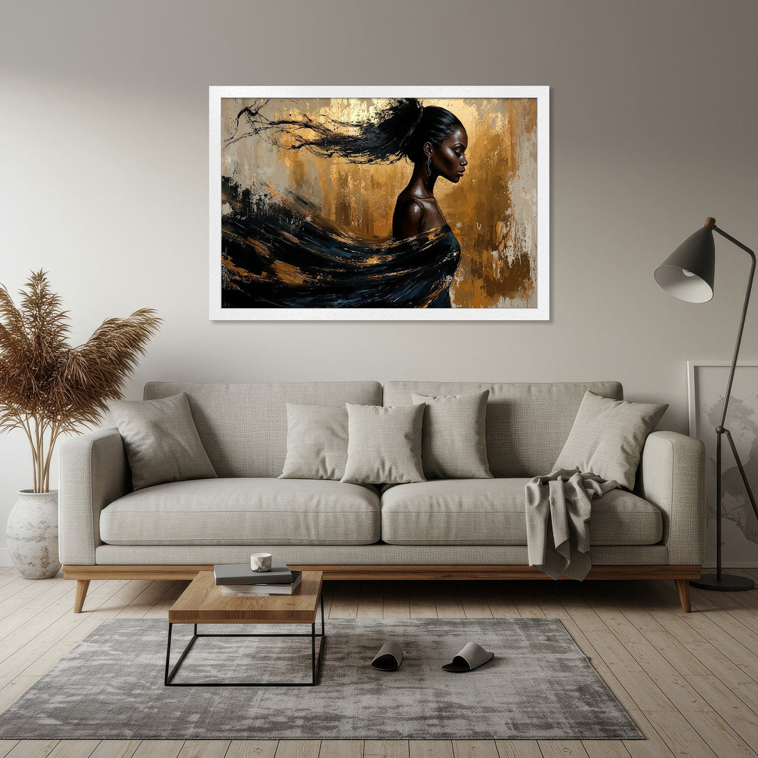 Framed Poster of an elegant woman with flowing hair, abstract style, gold & black color palette. Perfect wall art!