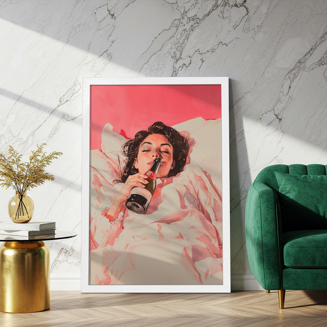 Framed Poster featuring a woman drinking champagne, soft pink & white palette, stylish art print for your home decor.
