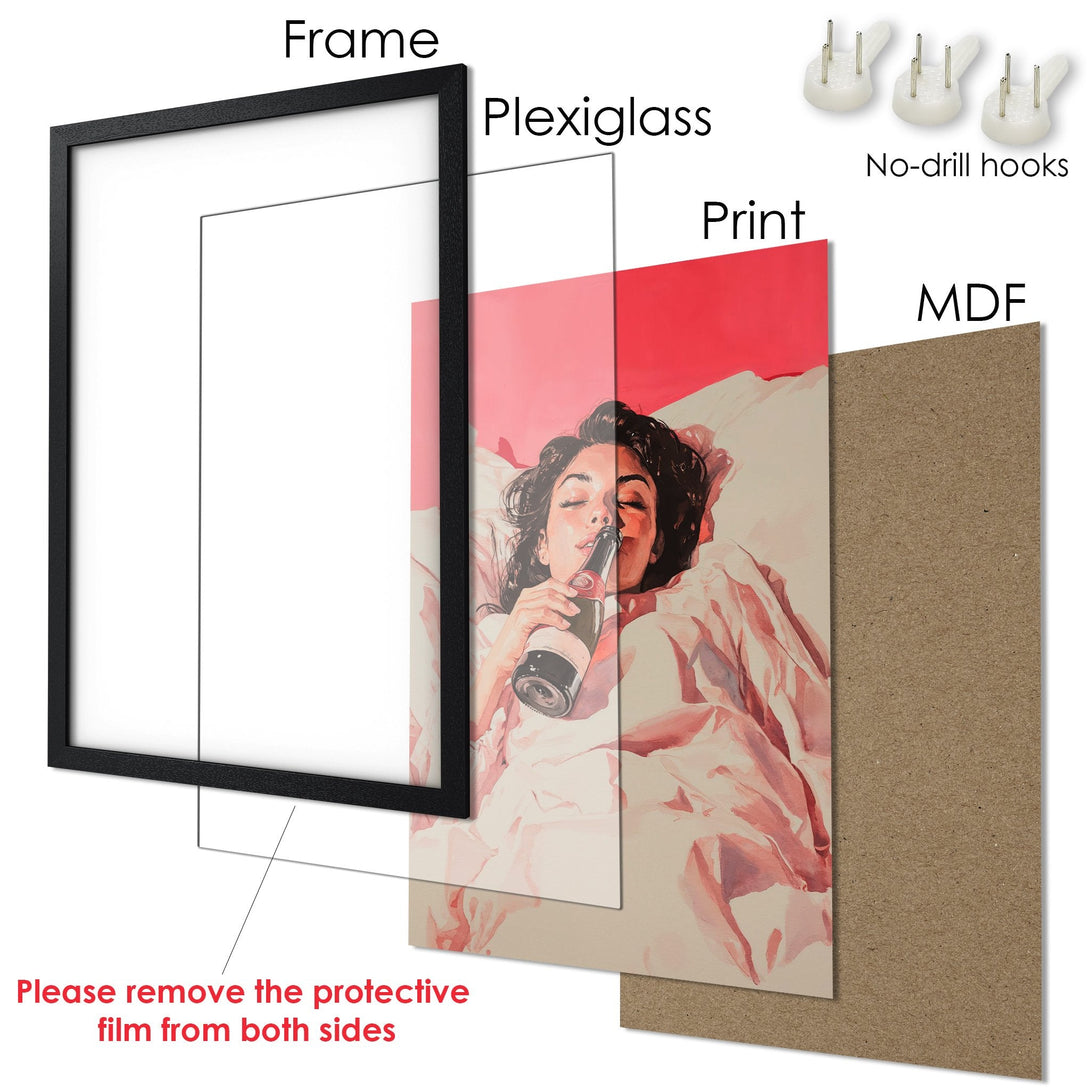 Framed Poster featuring a woman with a bottle in a watercolor style, soft pink and red color palette. Ready to hang!