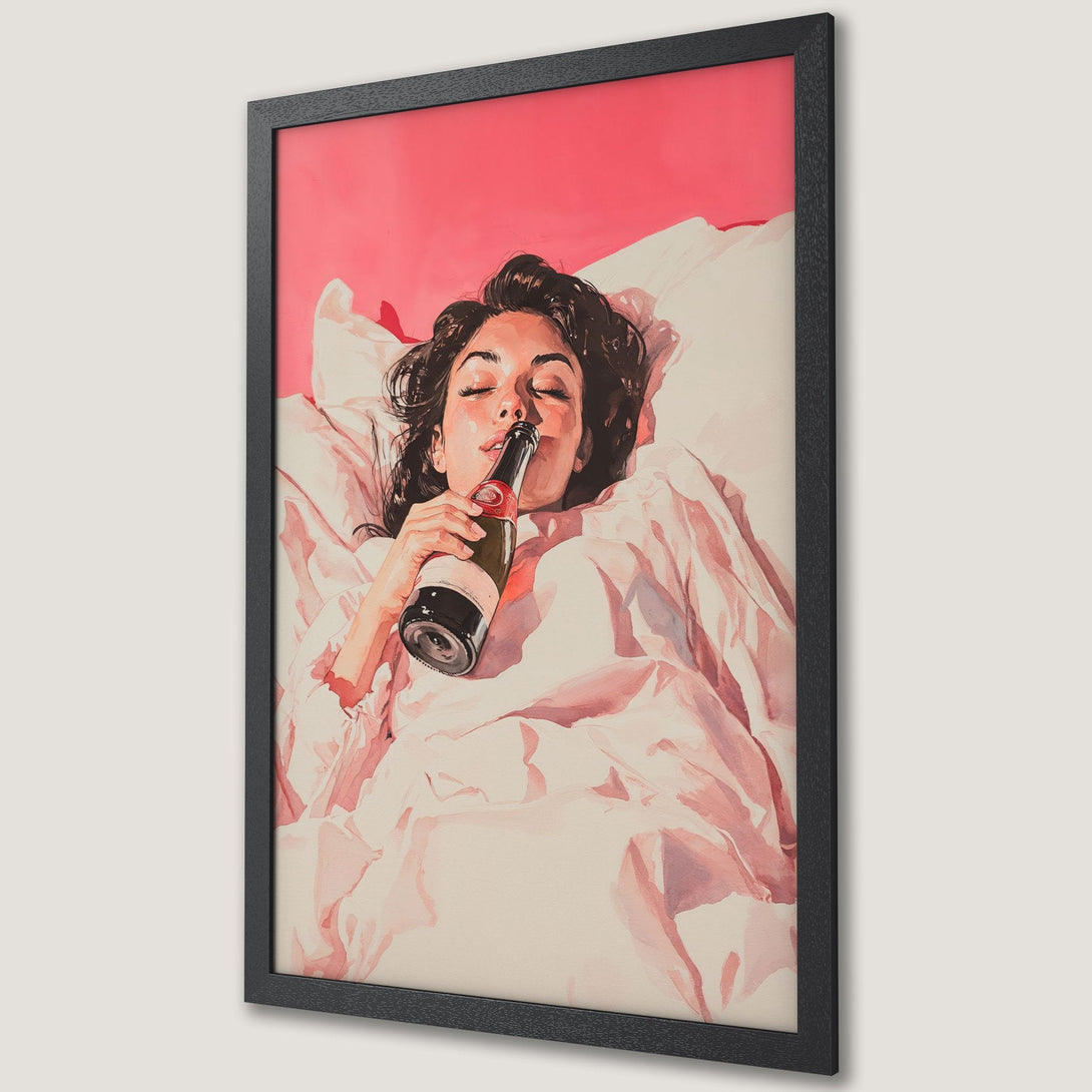 Framed Poster featuring a woman drinking champagne, watercolor style, soft pink and neutral color palette. Perfect wall art!