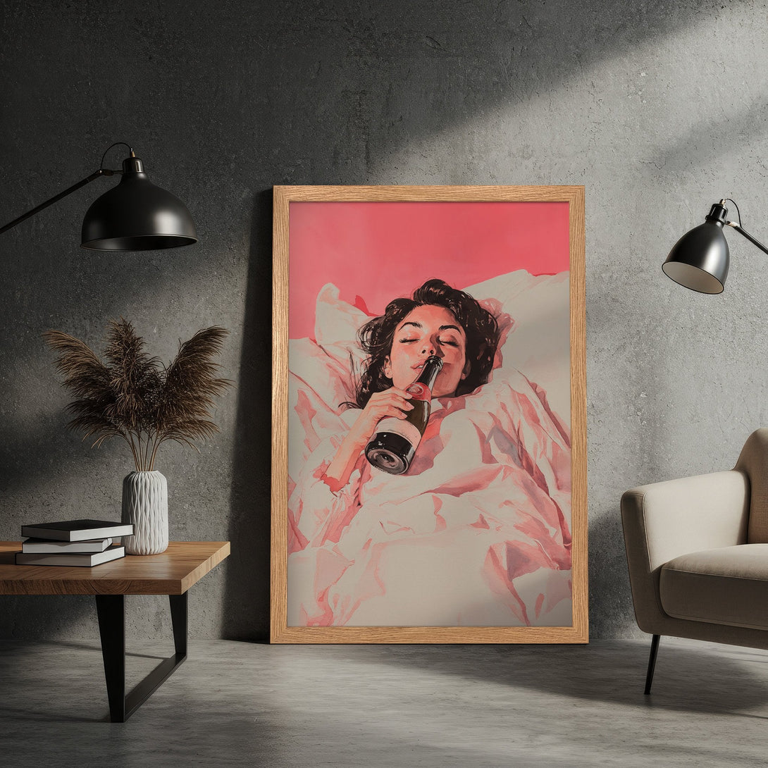 Framed Poster: Woman drinking champagne, modern art style, pink and neutral color palette. Perfect wall art for your home!