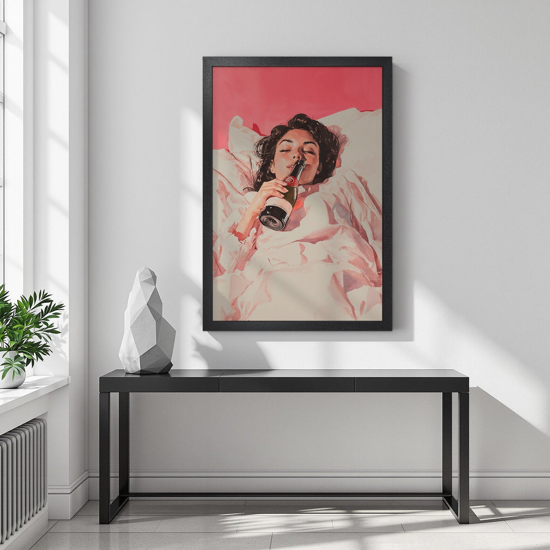 Framed Poster of woman drinking champagne in bed, soft pink & white palette, artistic style. Perfect wall art!