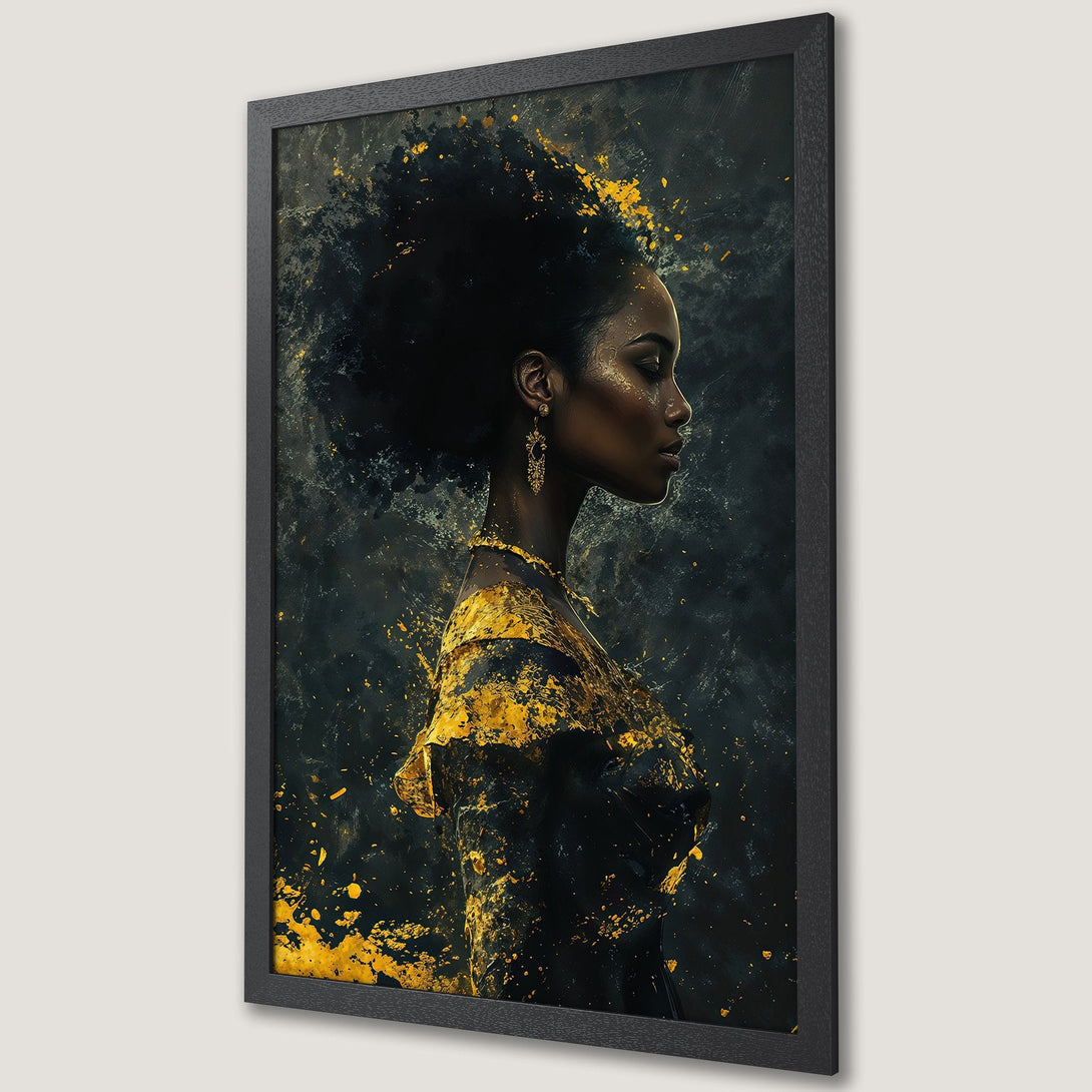 Framed Poster featuring a Black woman in profile, abstract art style with gold and black color palette. Add elegance to your space!
