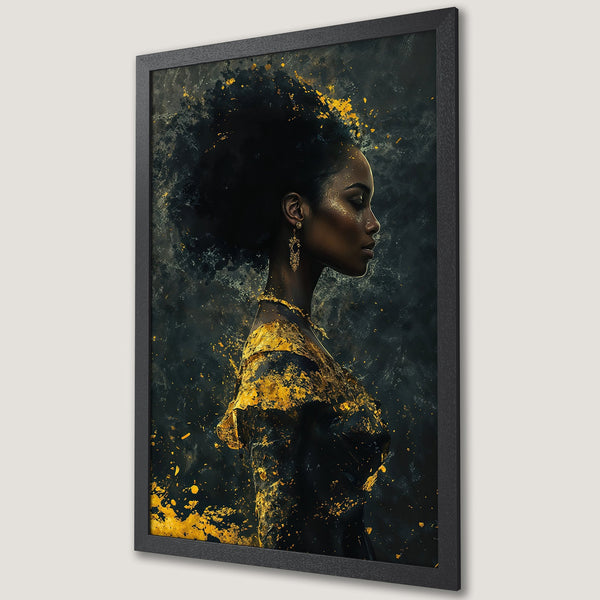 Framed Poster featuring a Black woman in profile, abstract art style with gold and black color palette. Add elegance to your space!
