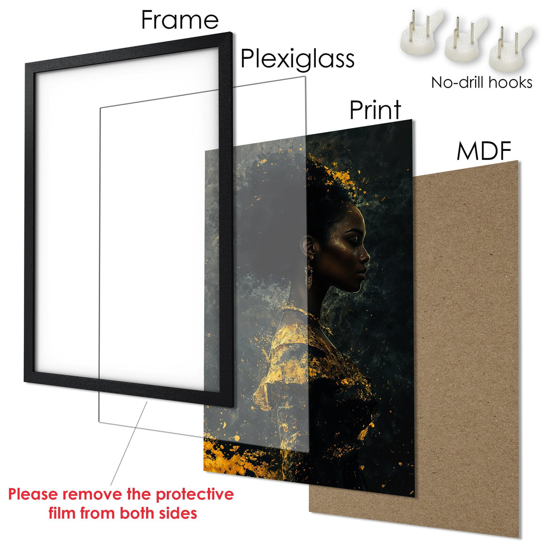 Framed Poster featuring a woman in a gold and black abstract style. Perfect wall art for your home!