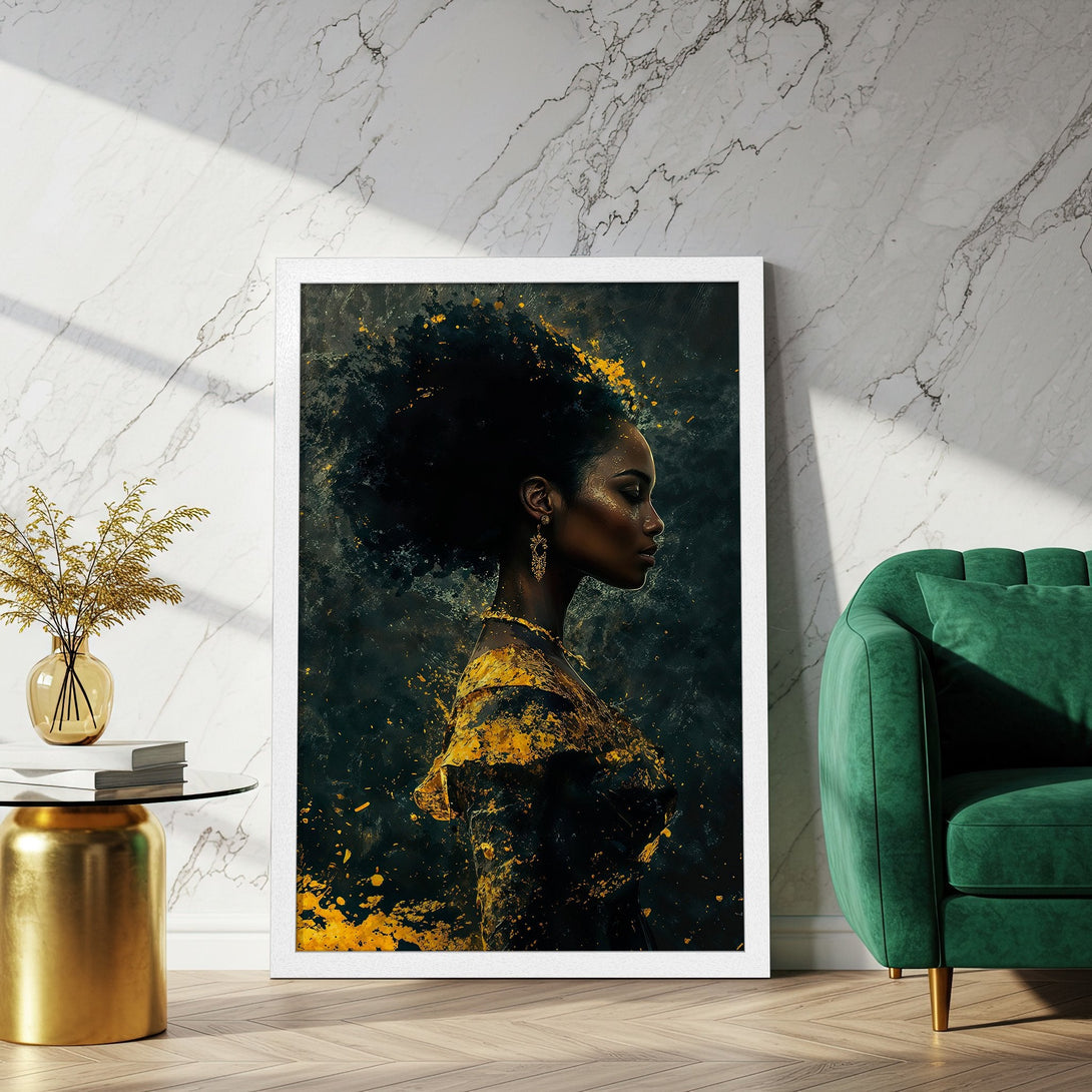 Framed Poster featuring a Black woman in profile, abstract style with gold and dark green tones. Perfect wall art!