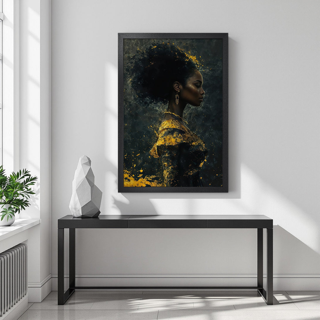 Framed Poster featuring a profile of a woman with dark hair, gold accents, and a dark, artistic background. Elevate your space with this stunning art poster!