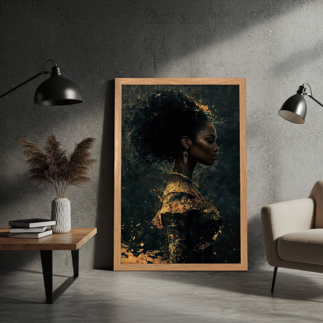 Framed Poster featuring a woman in profile, abstract style, with dark, gold, and black color palette. Perfect wall art!