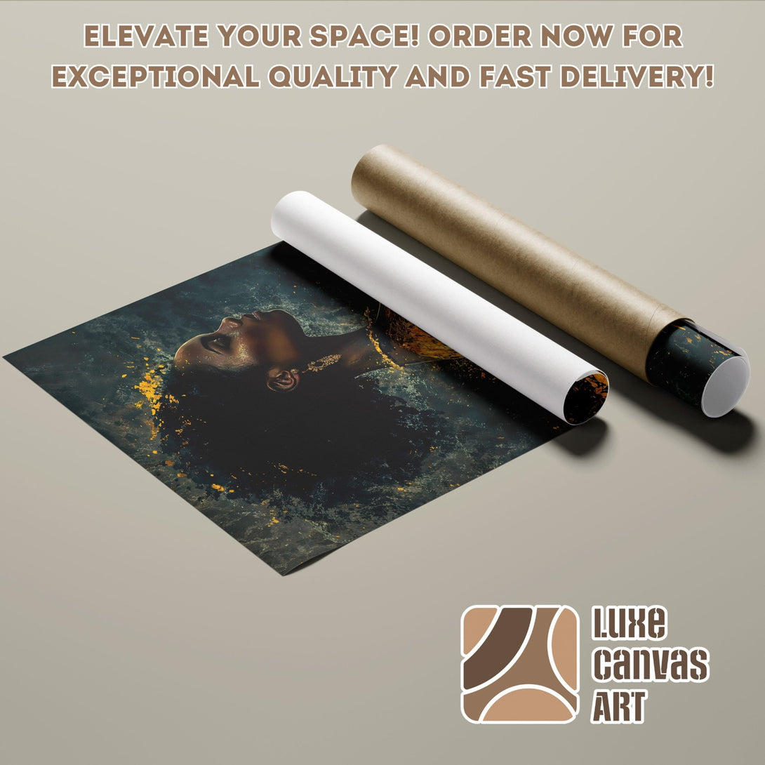 Poster Roll featuring a woman's portrait with gold accents, dark teal and brown color palette. Elevate your space!