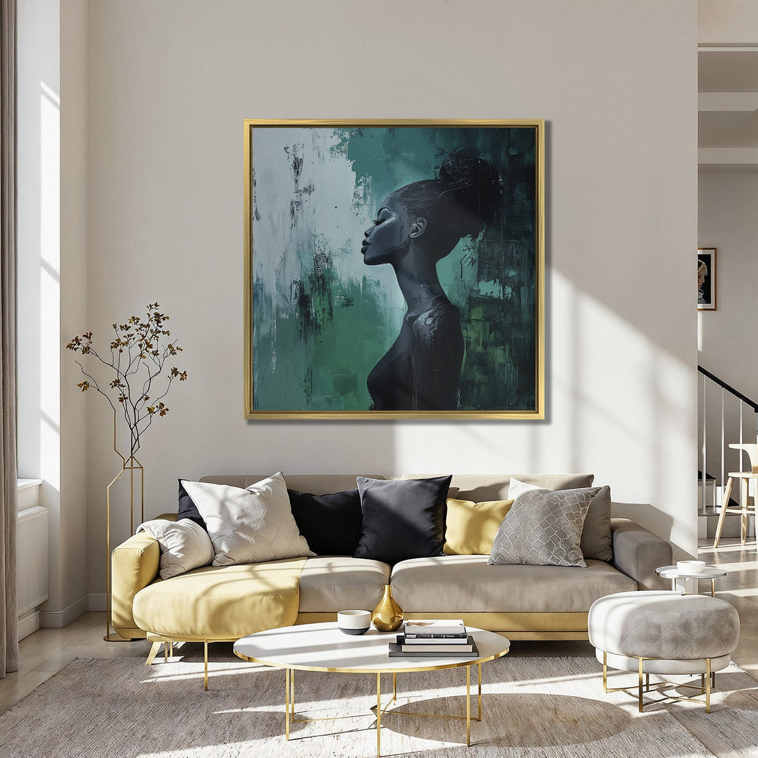 Canvas Print featuring a striking black woman portrait in shades of green and black. Modern abstract art with a luxurious, moody vibe.