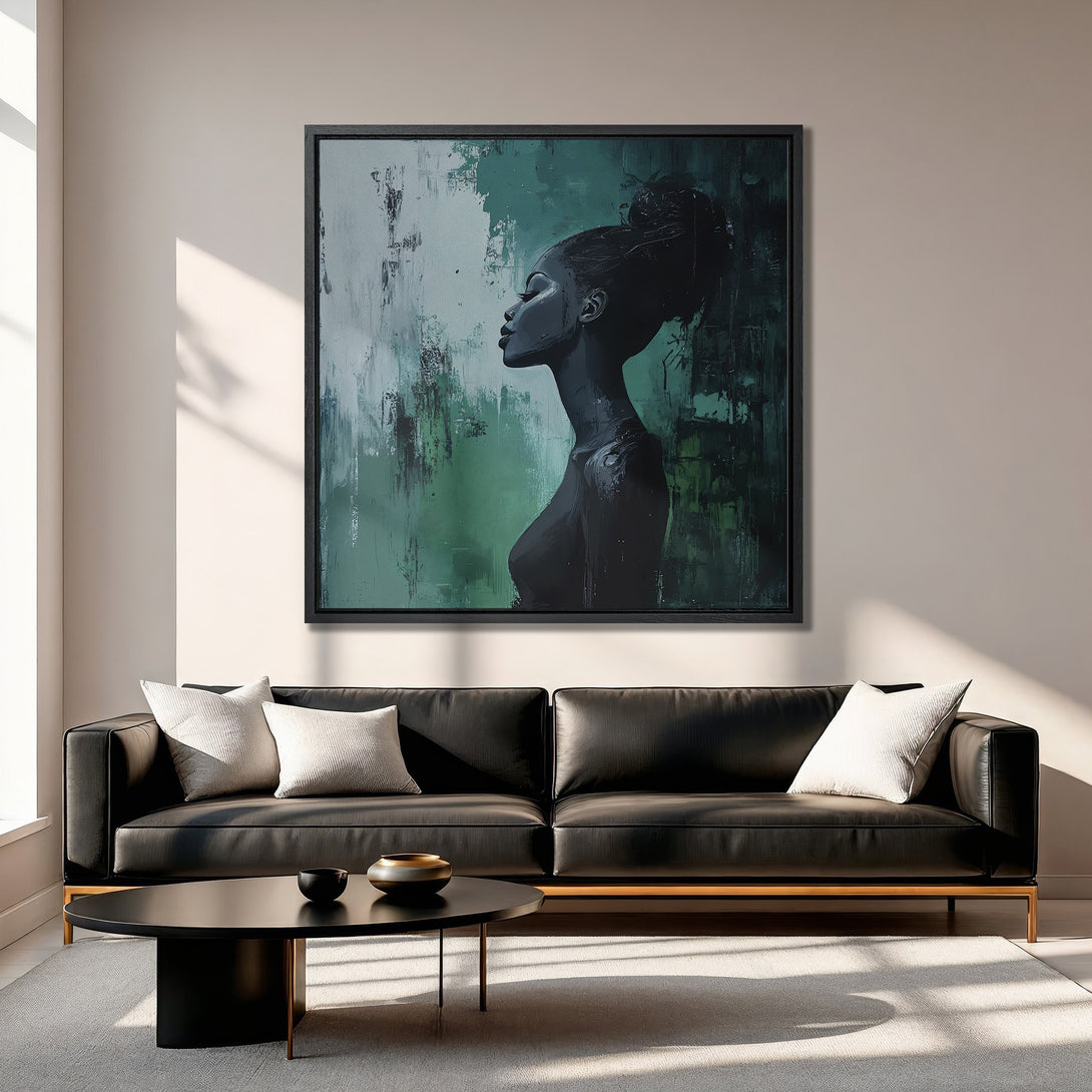 Framed Wall Art: Abstract portrait of a woman in green and black hues. Modern art for home decor. Enhance your space with this stunning Canvas Print.