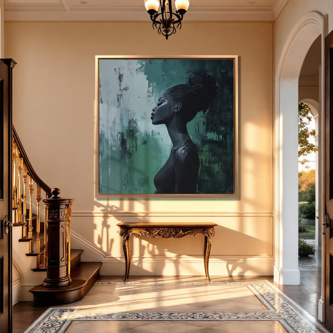 Framed Wall Art: Abstract portrait in black and green. Modern Canvas Print adds elegance to any interior. Shop now for stunning wall decor!