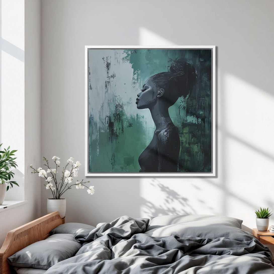 Framed Wall Art featuring a woman's silhouette in a modern, abstract style. Green and gray color palette, perfect for bedroom decor.