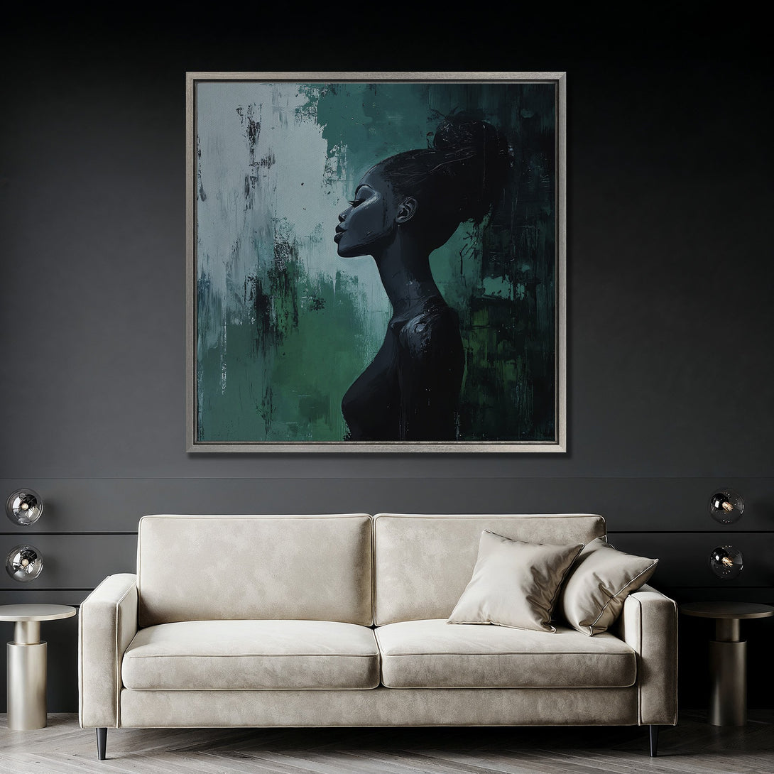Framed Wall Art featuring an abstract portrait of a woman in shades of black and green. Modern art for your home.
