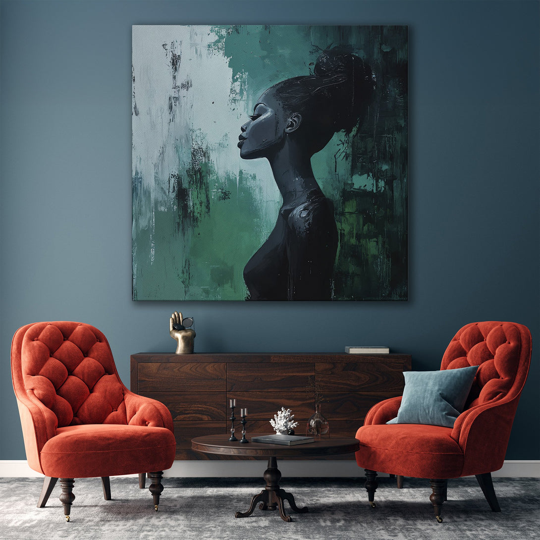 Framed Wall Art featuring an abstract portrait of a woman in a modern interior. The artwork uses a green and black color palette, adding a touch of elegance.
