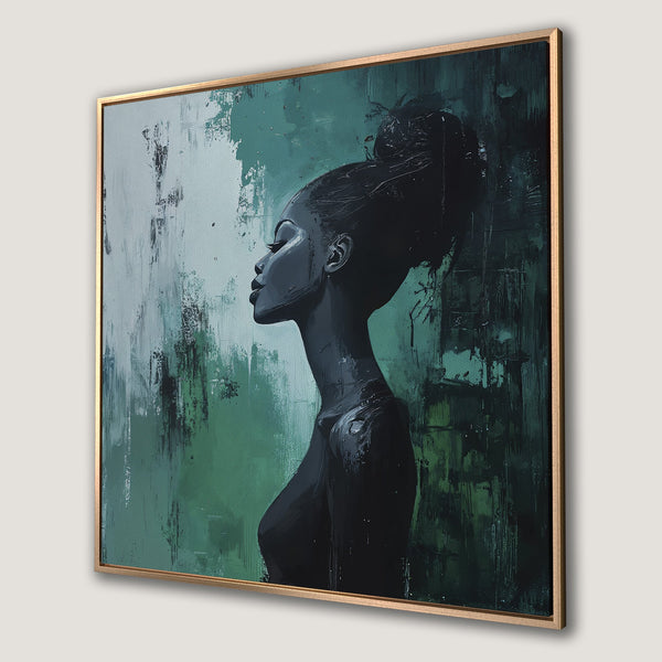 Framed Wall Art featuring a black woman in profile, abstract style. Green and black color palette. Add a touch of elegance to your space!