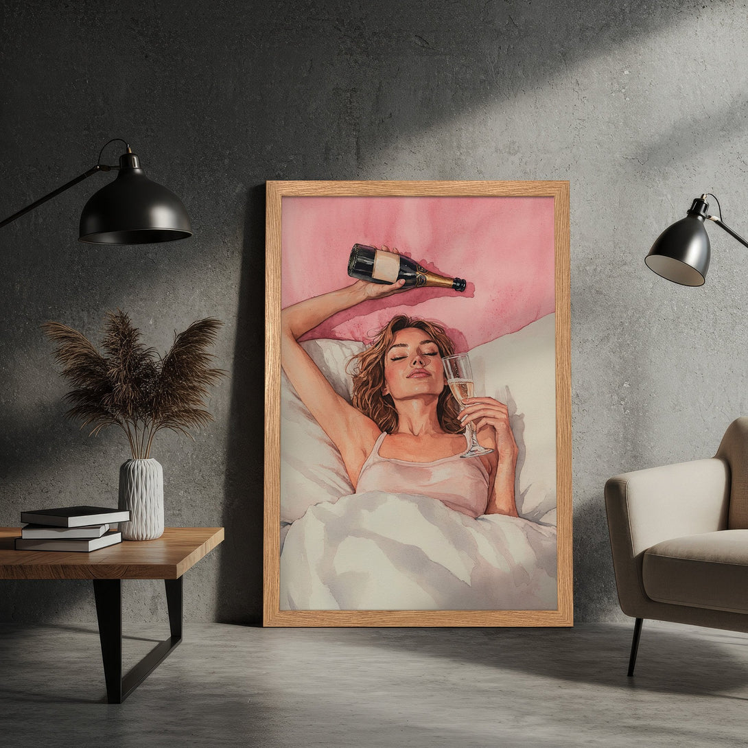 Framed Poster featuring a watercolor illustration of a woman with champagne, soft pink & neutral tones, perfect wall art for your home.