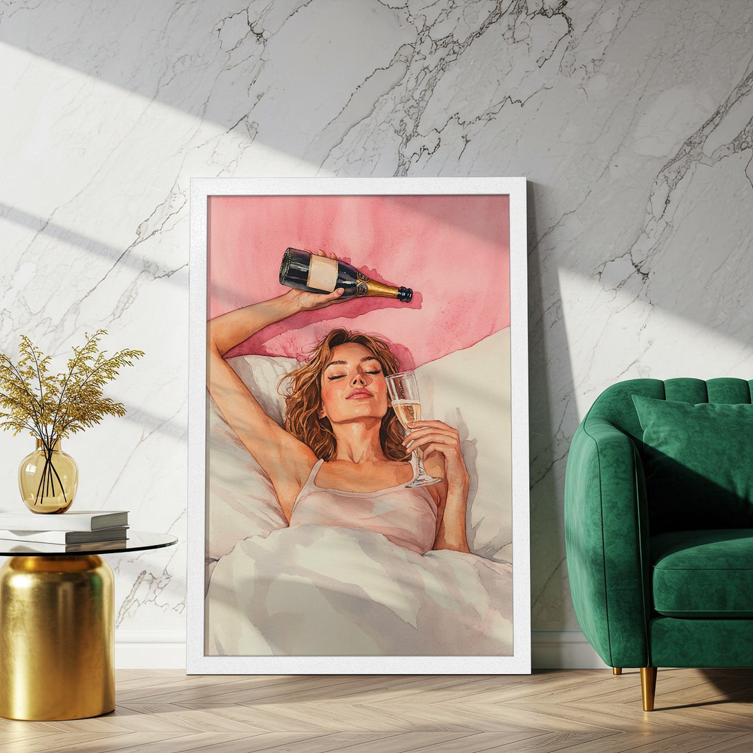 Framed Poster featuring a watercolor illustration of a woman relaxing with champagne. Soft pink, white, and gold color palette. Perfect for home decor.