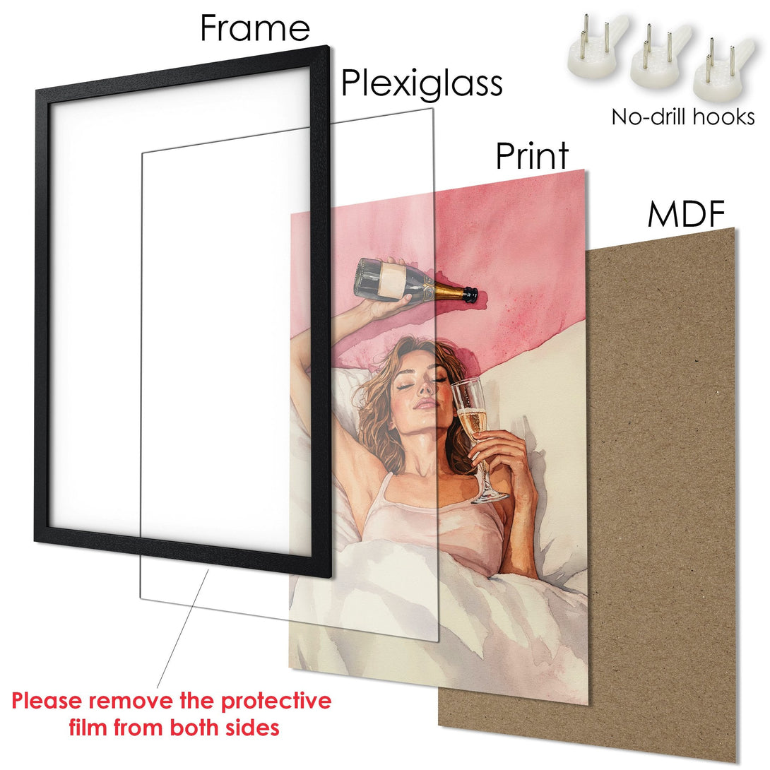 Framed Poster featuring a watercolor illustration of a woman with champagne, in a black frame. Soft pink and neutral tones. Perfect wall art!