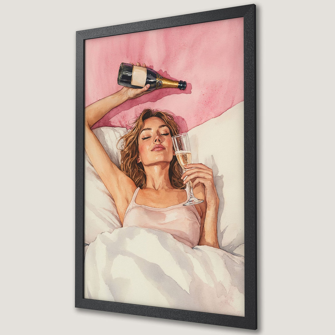 Framed Poster of a woman in bed with champagne, watercolor style, pink and neutral color palette. Perfect wall art for a relaxing vibe.