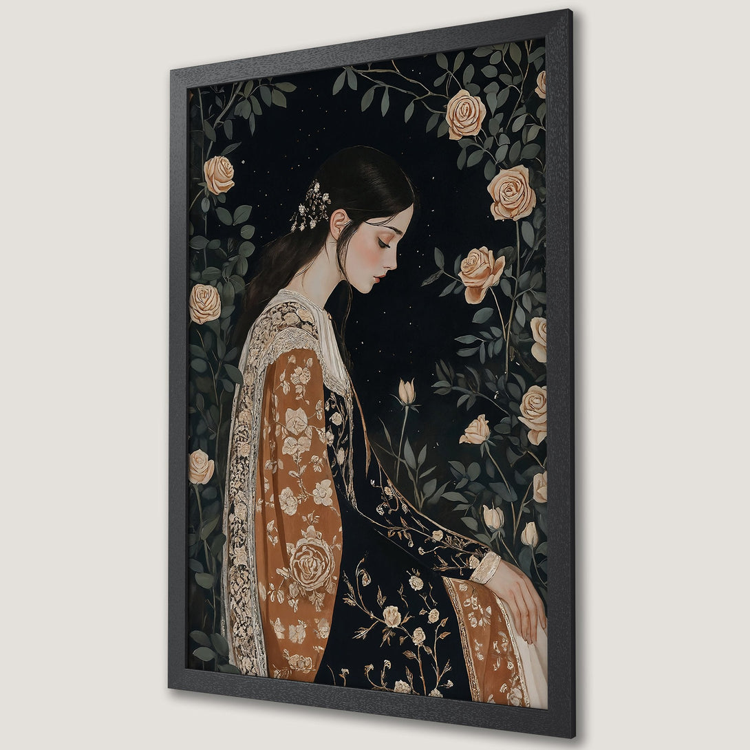 Framed Poster of a woman with roses, vintage style, featuring a dark and warm color palette. Perfect wall art!