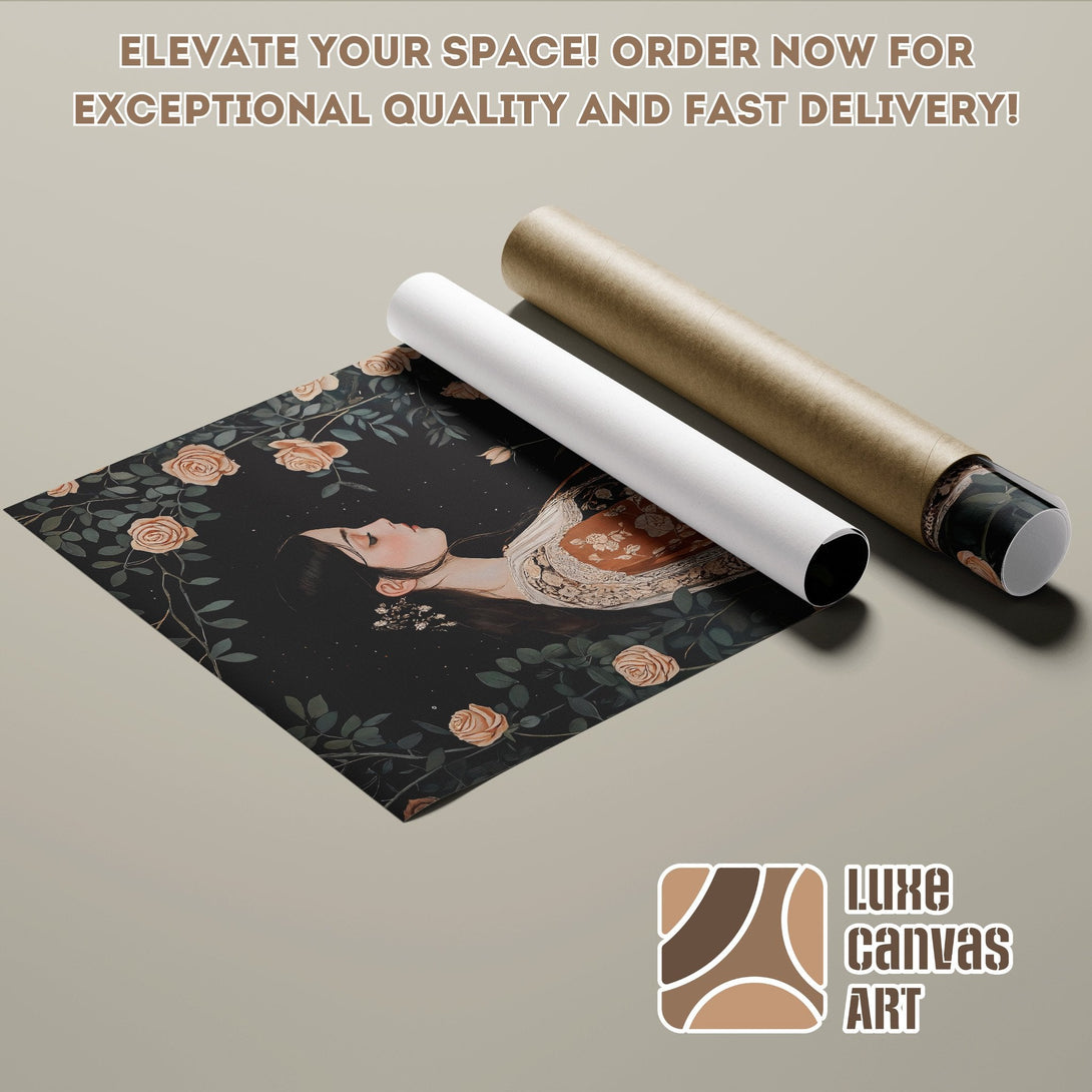 Poster Roll featuring a woman with roses, dark and beige color palette, perfect for home decor.