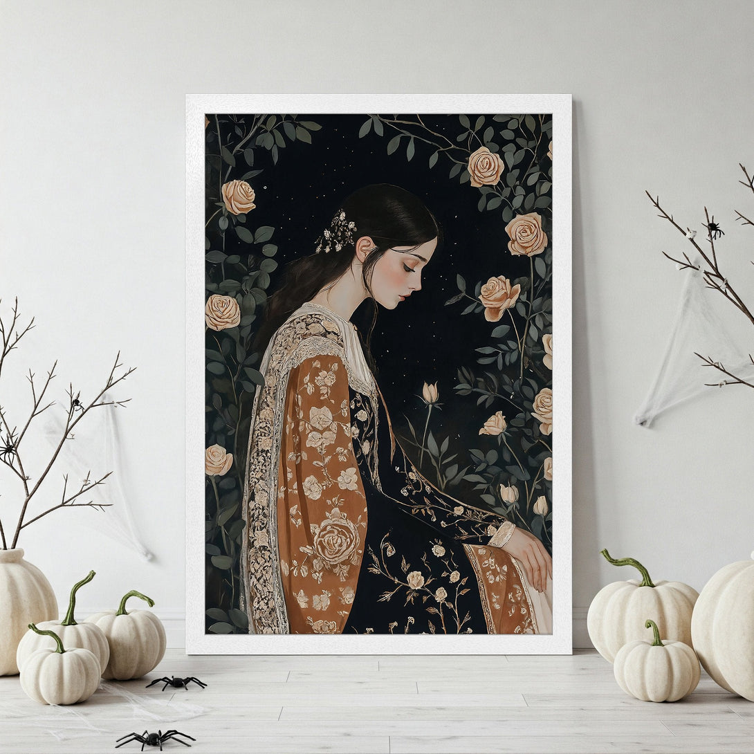 Framed Poster featuring a woman in vintage attire surrounded by roses, with a dark, romantic color palette. Perfect wall art!