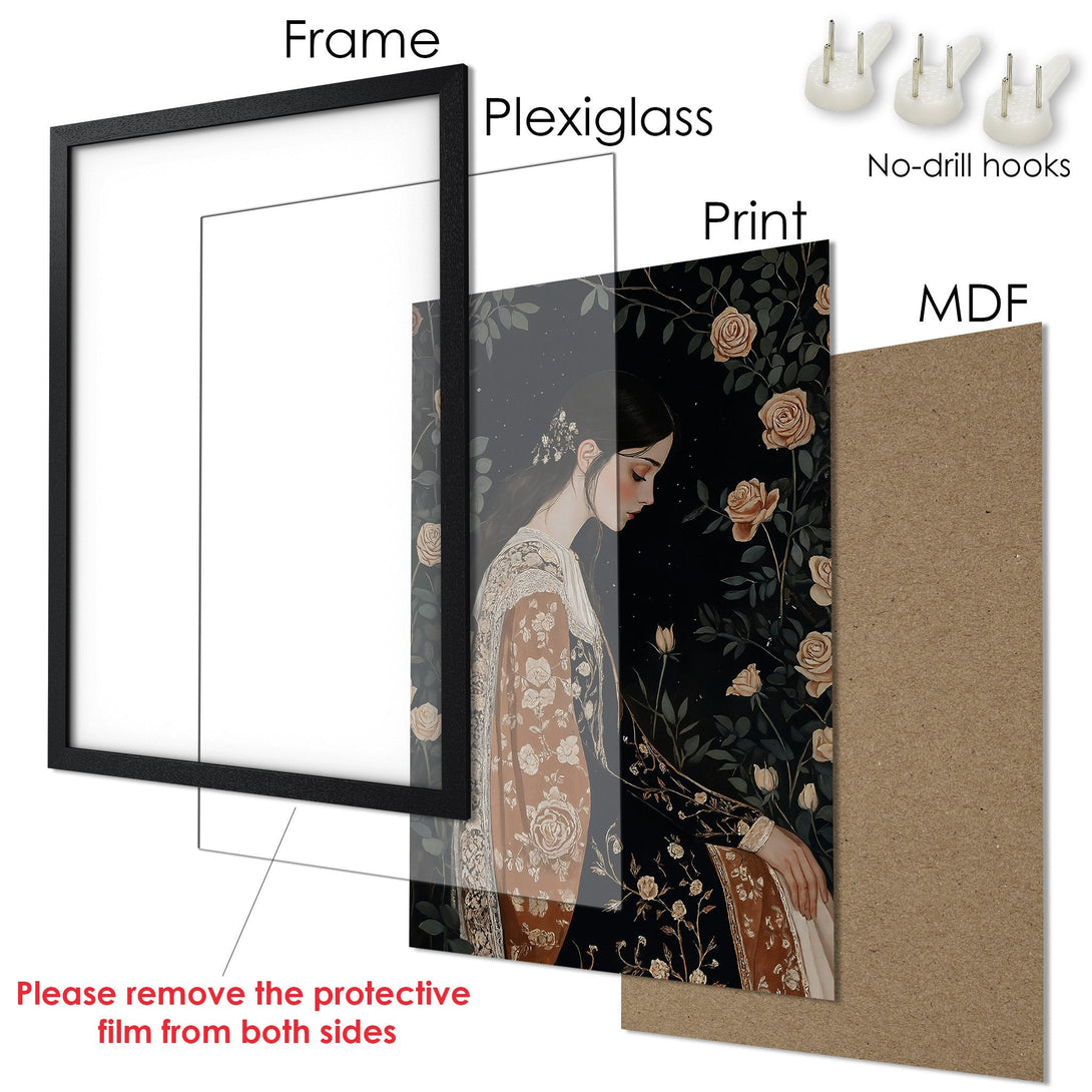 Framed Poster featuring a woman with roses, in a vintage style. Elegant art with a black, brown, and beige color palette. Perfect wall decor!