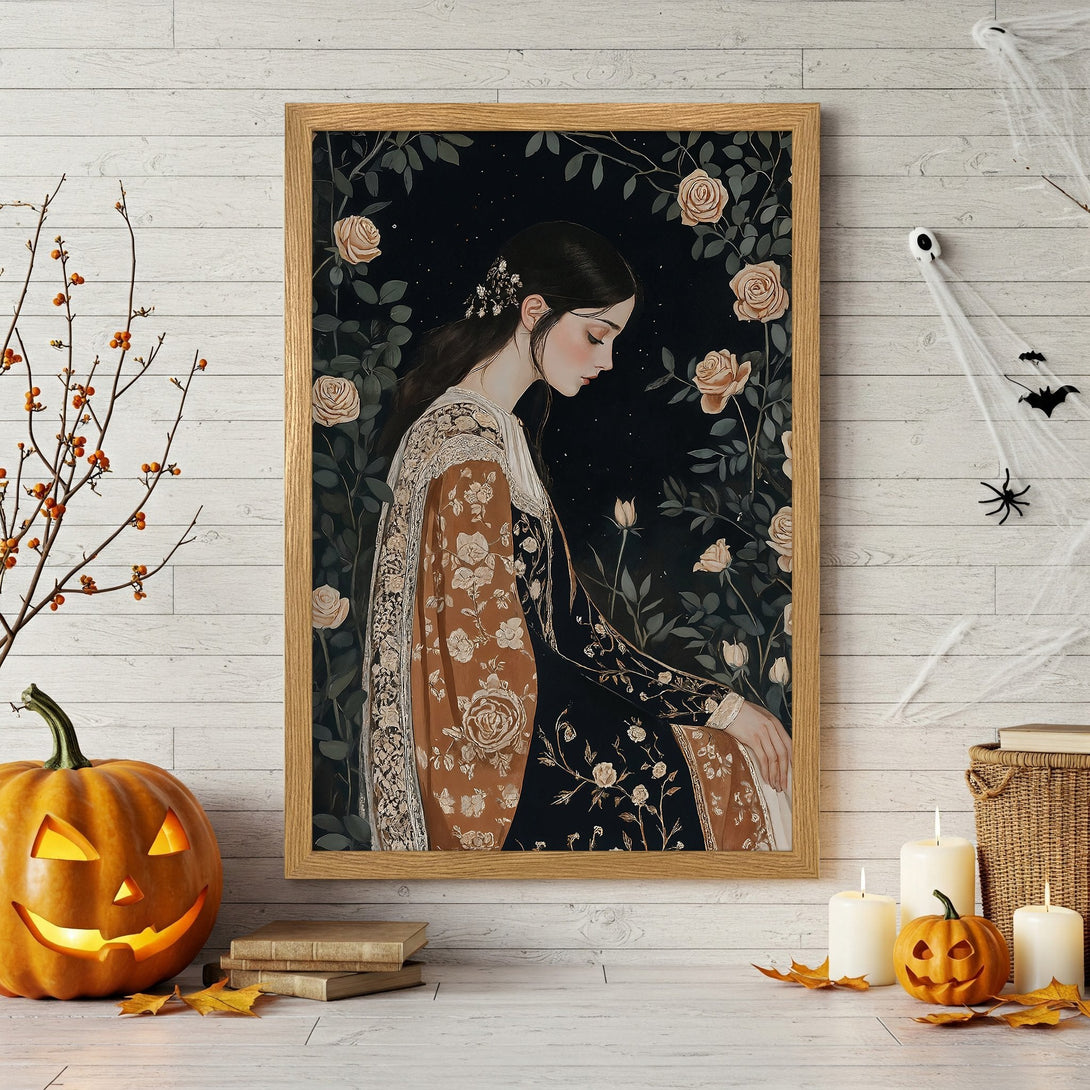 Framed Poster featuring a woman in a floral dress, vintage style, with a warm color palette. Perfect wall art for your home!