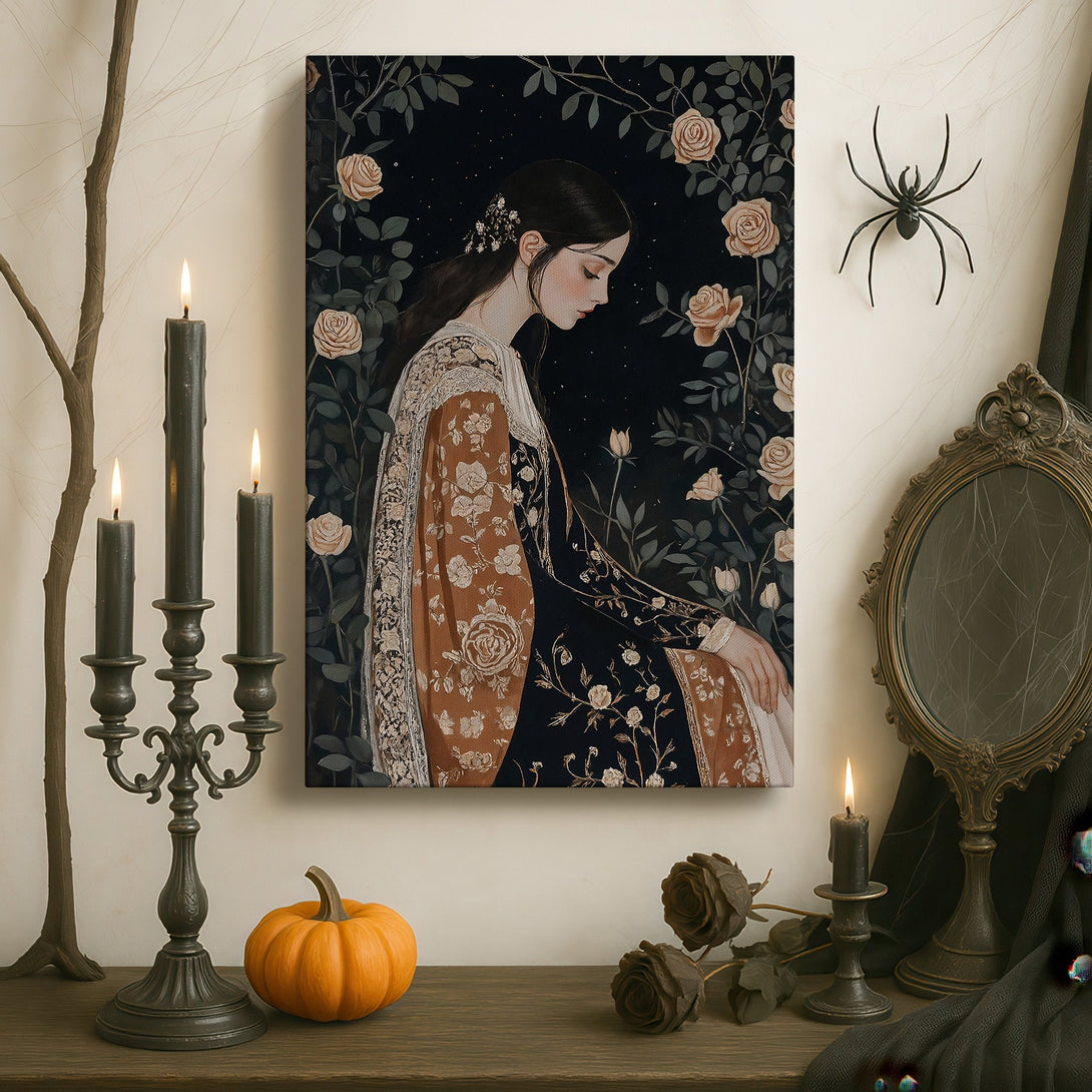 Framed Wall Art featuring a woman in a floral dress, dark and moody color palette. Perfect for adding elegance to your home decor.