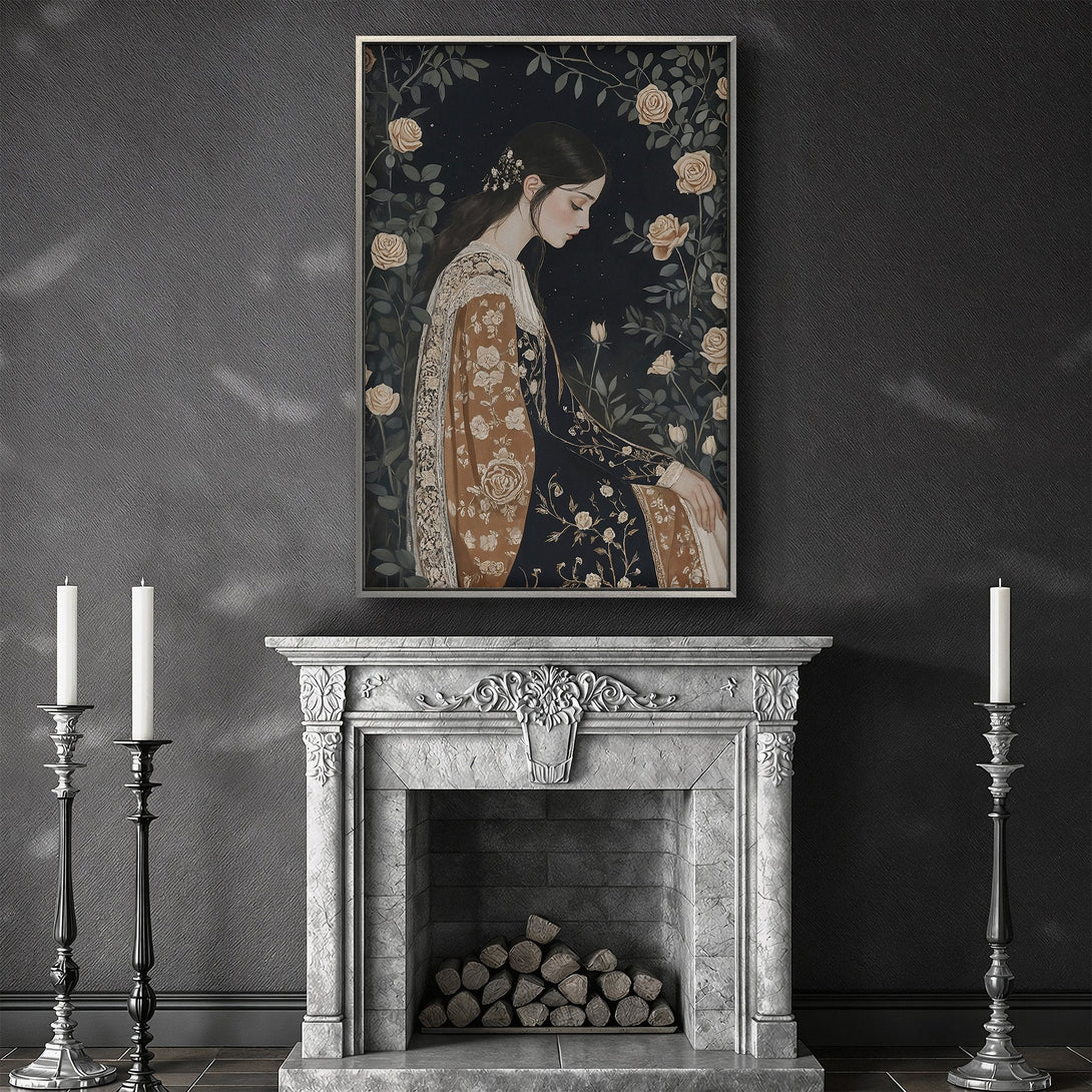 Framed Wall Art featuring a woman in a floral dress, in a classic style. Earthy tones and dark background create a moody, elegant aesthetic.