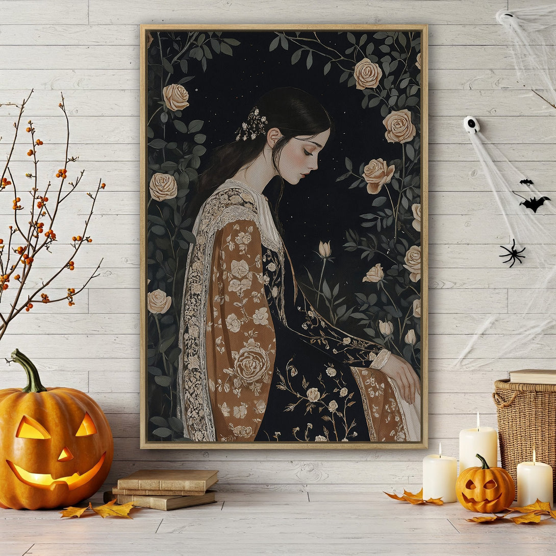 Framed Wall Art featuring a woman in a floral dress, dark background, and muted color palette. Perfect for adding a touch of elegance to your space.