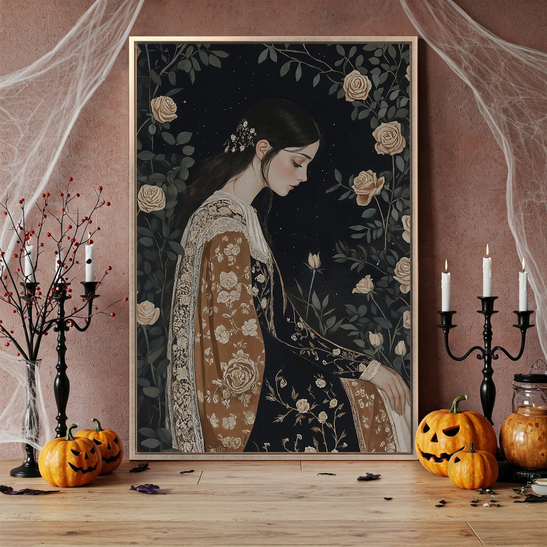 Framed Wall Art featuring a gothic woman surrounded by roses, with a dark, moody color palette. Perfect for Halloween decor.