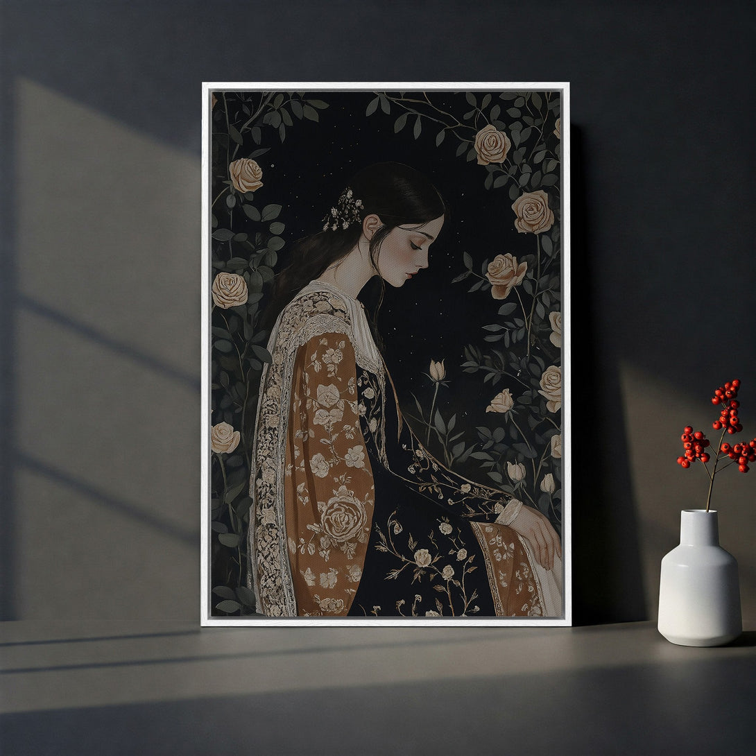 Framed Wall Art featuring a woman in a floral dress, elegant vintage style. Dark, moody color palette with beige roses. Perfect for adding a touch of art.