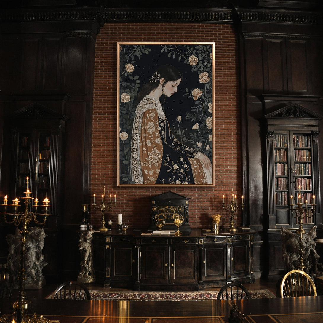 Framed Wall Art: Victorian-style portrait of a woman with roses, in a dark, moody color palette. Perfect for adding elegance to any space.