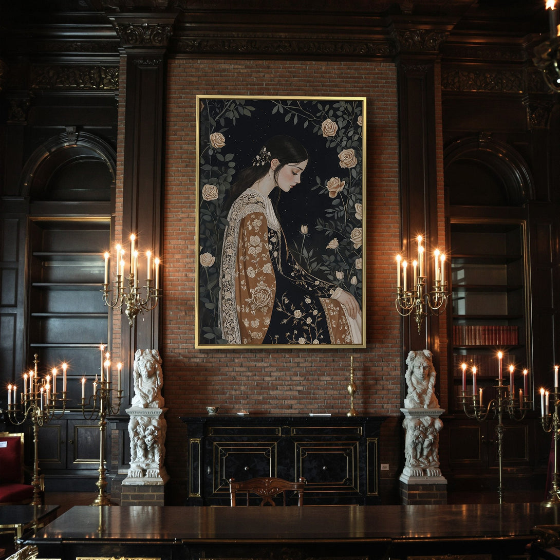 Canvas Print featuring a gothic woman in a floral garden, with a dark, moody color palette. Perfect for adding a touch of elegance.