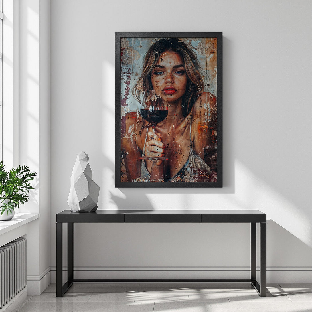 Framed Poster featuring a woman with wine, abstract style, warm color palette. Add a touch of elegance to your space!