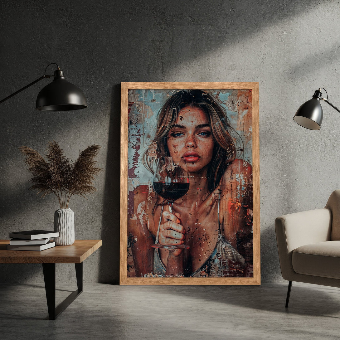 Framed Poster featuring a woman with wine, abstract style, warm color palette. Perfect wall art for any room!