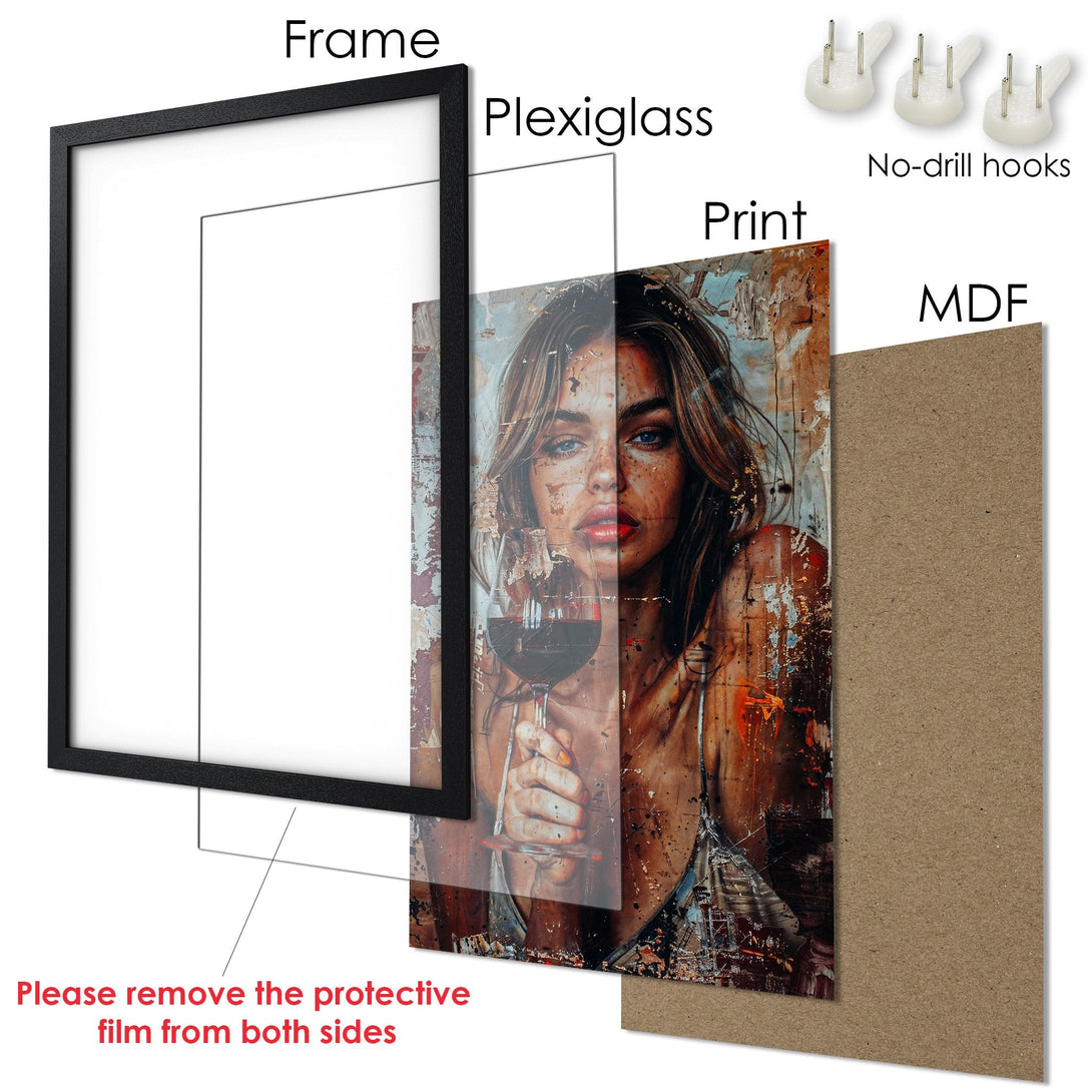Framed Poster featuring a woman with wine, artistic style, warm color palette. Perfect wall art for your home!