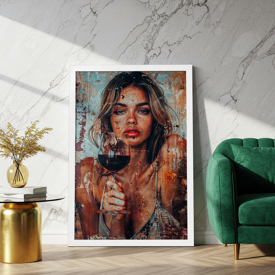 Framed Poster of a woman with wine, abstract art style, warm color palette. Perfect wall art for a stylish home.