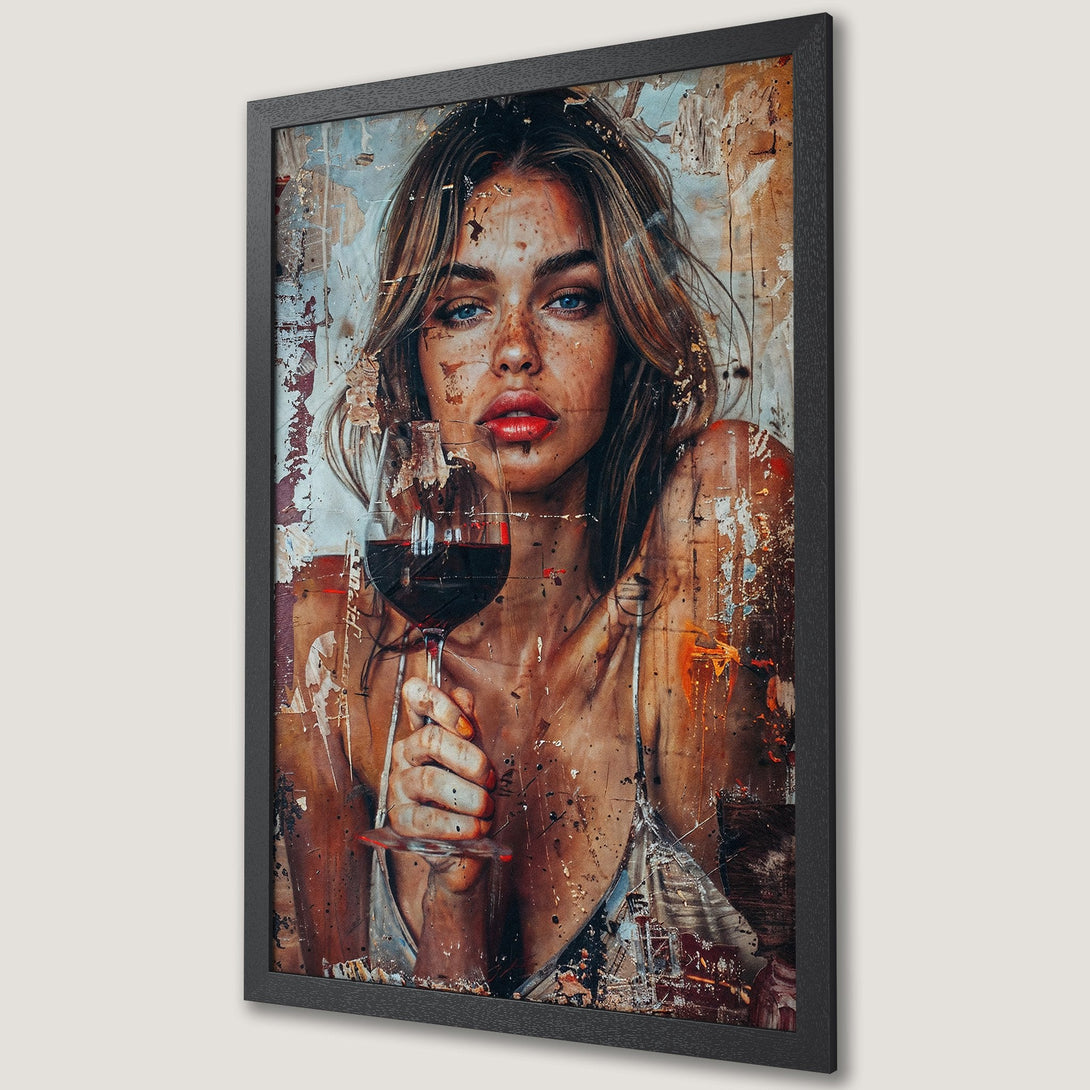 Framed Poster: Woman with wine, abstract art style, warm color palette with red, brown, and blue accents. Perfect wall art!